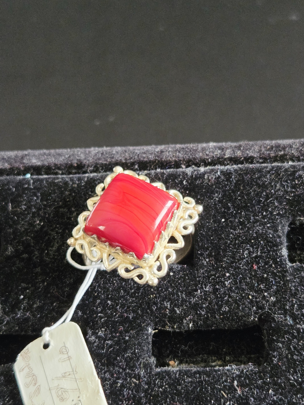 925 Silver Filigree Ring with Red Stone